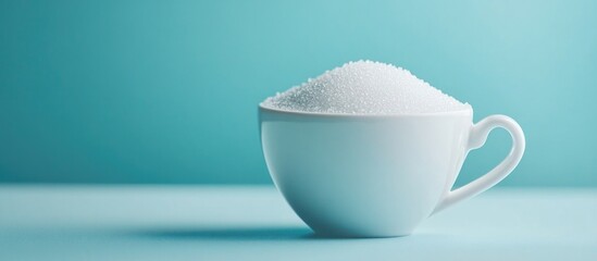 Poster - white sugar in ceramic cup on aqua blue background with copy space for text