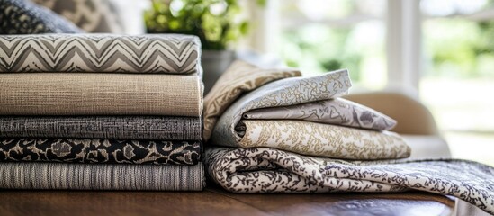 Poster - Stacked fabric samples in neutral tones displaying various patterns and textures on a wooden table with natural light. Copy Space