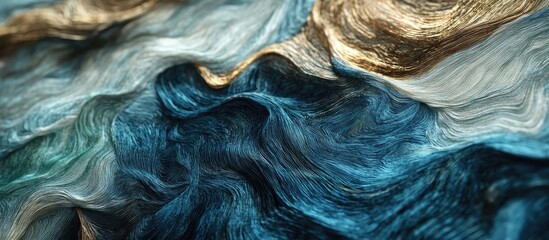 Poster - Abstract textured fabric with flowing waves in shades of teal, gold and white, detailed close-up, suitable for backgrounds, Copy Space.