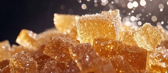 Poster - Close-up of sparkling amber sugar cubes with glistening texture and soft focus background on dark surface Copy Space