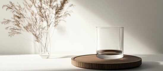 Poster - Glass tumbler on wooden plate with dry grass in vase in soft light on neutral background Copy Space