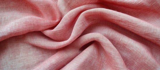 Poster - Texture of wrinkled coral linen fabric with soft folds and natural light showcasing the woven pattern Copy Space