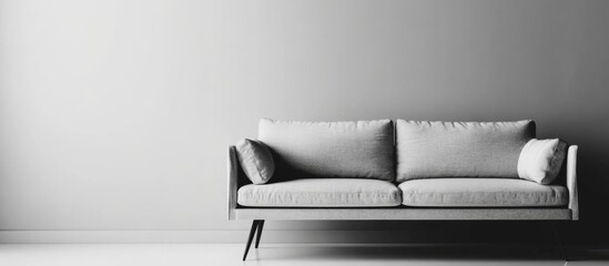 Poster - modern grey sofa against a minimalist grey wall with ample copy space for text and advertising.