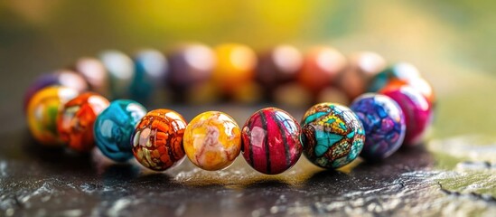 Poster - Colorful beaded bracelet with various patterns and textures displayed on a blurred natural background Copy Space