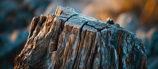 Poster - Close-up view of weathered tree stump with detailed texture and warm lighting in the background suitable for nature themes Copy Space