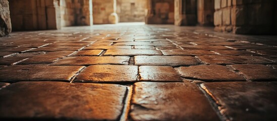 Poster - Old cobblestone floor texture with warm lighting and shadows in an outdoor architectural setting, good for background use, Copy Space