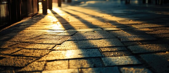 Poster - Footpath cobblestones with long shadows in golden light during sunset with clear sky suitable for text placement Copy Space