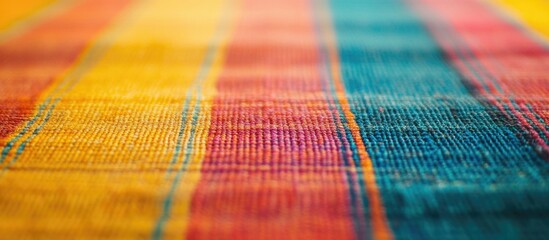 Poster - Colorful textile pattern with vibrant stripes in yellow, orange, blue, and pink textures, abstract background with copy space.