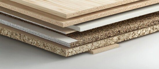 Poster - layers of different types of wood and composite materials stacked together on a light background wit