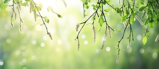 Poster - Fresh green foliage with soft glowing background and visible bokeh effect suitable for spring or summer themes Copy Space