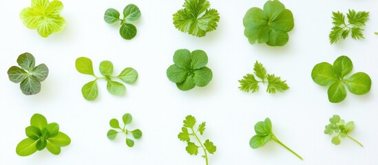 Poster - Various Fresh Green Leaves Arrangement on White Background with Copy Space for Text