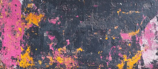 Poster - Textured wall surface with paint splatters in pink, yellow, and black colors suitable for backgrounds and abstract design elements Copy Space