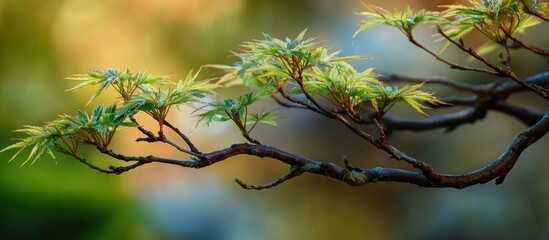 Poster - Branch of a Japanese maple tree with fresh green leaves in soft natural light with blurred garden background Copy Space