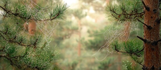 Poster - Dense forest scene with pine branches and delicate spider webs, soft blurred background, natural light, Copy Space.