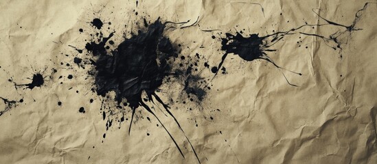 Poster - Black ink splatters on crumpled brown paper background with copy space for text or graphics