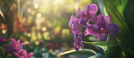 Poster - Purple orchids in a lush garden with soft sunlight creating a bokeh effect and vibrant green foliage Copy Space