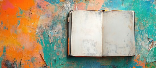 Poster - Open blank book on colorful painted surface with vibrant abstract texture and copy space for text or design elements.