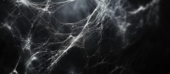 Poster - Close-up view of intricate spider web structure with dark background and fine silk strands, natural textures, Copy Space