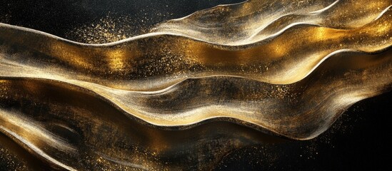 Poster - Abstract gold wave pattern on a dark background with flowing lines and glittering effects suitable for various design applications Copy Space