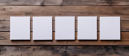 Poster - Five blank canvases arranged in a row on a rustic wooden surface with ample Copy Space for text placement.