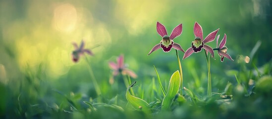 Poster - Pink orchids blooming among green grass in a soft focus background with natural light Copy Space