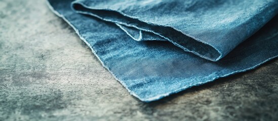 Poster - Blue textured fabric folded on a gray background with a soft focus and visible fibers suitable for textile design Copy Space