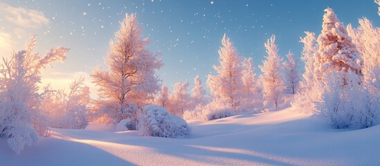 Poster - Snowy winter landscape with frosted trees under blue sky and falling snowflakes in golden light, scenic winter wonderland environment
