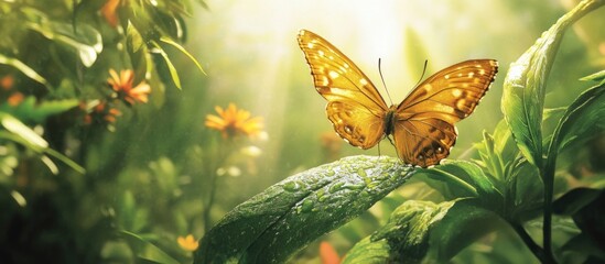 Poster - Butterfly resting on green leaf surrounded by lush foliage and flowers in a sunlit garden with soft bokeh effect and water droplets Copy Space