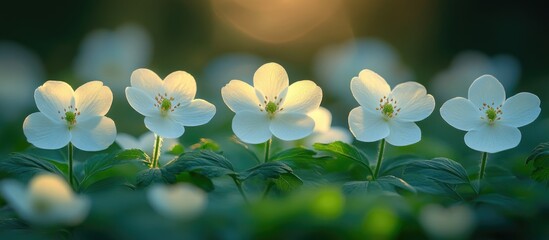 Poster - White flowers in soft focus with green leaves and blurred background featuring gentle sunlight, suitable for nature-themed designs, Copy Space
