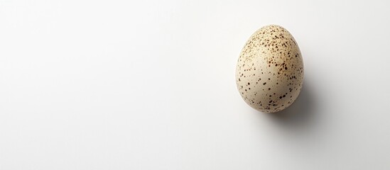 Poster - Single speckled egg on a clean, white background with ample copy space for text placement. Detailed and minimalistic composition.