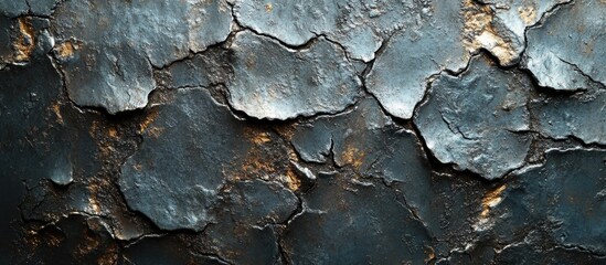 Poster - Textured surface with peeling blue and black paint revealing rust and cracks, abstract background with detail and shadows, Copy Space.