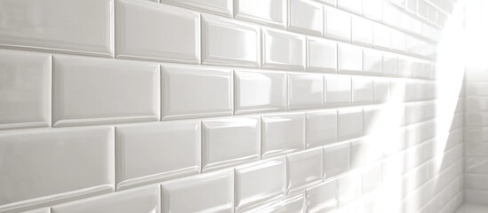 Poster - White glossy subway tiles installed on a wall with natural light creating reflections and shadows Copy Space