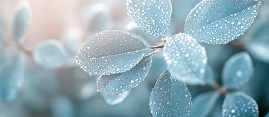 Poster - Close-up of dew-covered leaves in soft focus with a pastel blue tone and gentle light, suitable for nature-themed backgrounds and designs. Copy Space