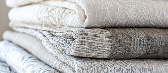 Poster - Stack of folded blankets in neutral colors including cream and gray textures with intricate patterns and soft fabric details. Copy Space.