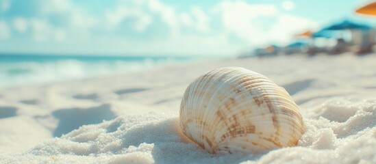 Wall Mural - Close-up of a seashell on sandy beach with blurred umbrellas and ocean in background bright daylight Copy Space