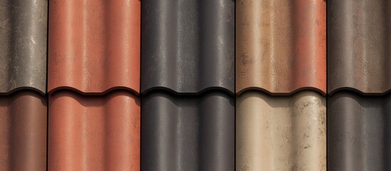 Poster - Close-up of various textured roof tiles in different colors including red, black, brown, and beige with visible weathering Copy Space