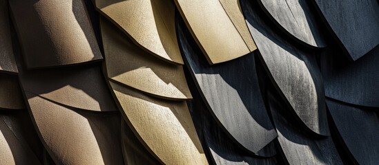 Poster - Decorative architectural wall panels in gold, bronze, and black colors with textured surface and dramatic shadows, Copy Space