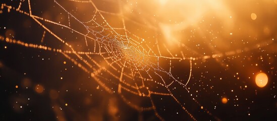 Poster - Close-up of a dewy spider web in soft golden light with bokeh effect and blurred background Copy Space