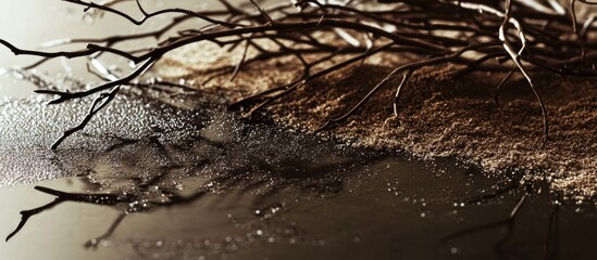 Poster - Dry twigs on sandy surface reflecting light with water droplets in artistic arrangement suitable for nature themed backgrounds Copy Space