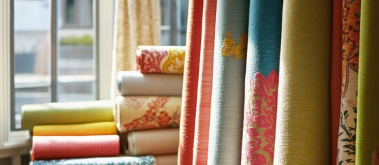 Poster - Colorful rolls of decorative fabric displayed in a well-lit interior setting with natural light filtering through windows Copy Space