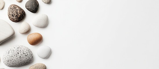 Poster - Mixed smooth pebbles and stones arranged on a light background with ample copy space for text placement