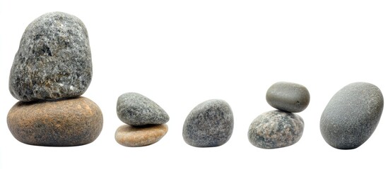 Poster - Stacked grey and brown pebbles of varying sizes arranged in a line with white background and natural textures Copy Space