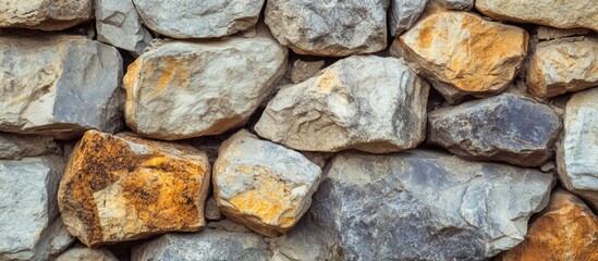 Poster - Textured pattern of various sized stones in shades of gray and orange arranged in a wall formation with copy space for text
