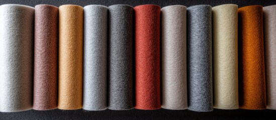 Poster - colorful rolls of felt fabric arranged in a line on a dark surface with ample copy space for text pl