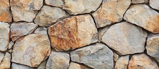 Poster - Natural stone wall texture with various shapes and colors, suitable for architectural backgrounds and design applications, Copy Space