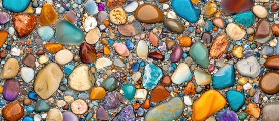 Poster - Colorful assortment of different shaped polished stones and pebbles on a surface with various colors and textures Copy Space