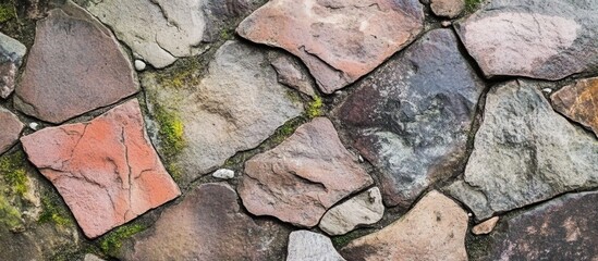 Poster - Textured stone wall with various shaped and colored natural stones, including moss presence, ideal for backgrounds and architectural designs. Copy Space