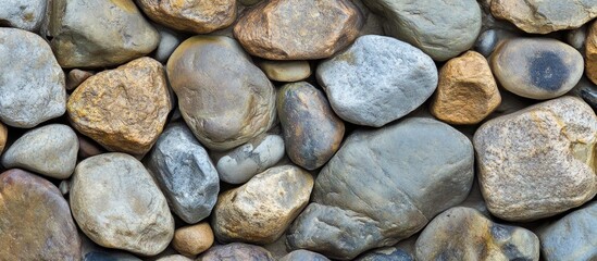 Poster - Texture of colorful smooth river stones arranged tightly together on a surface with assorted shades and sizes Copy Space