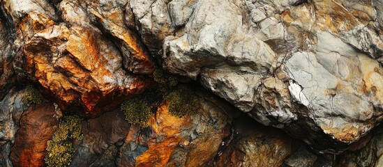 Poster - Textured close-up of weathered rocks featuring orange, gray, and green hues with lichen growth natural background Copy Space