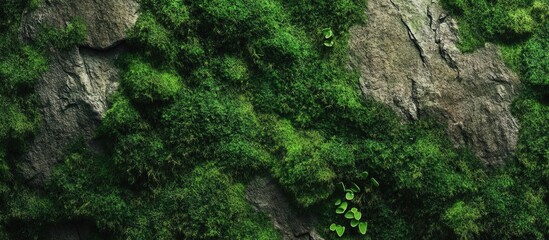 Poster - Moss covered rock surface with vibrant green textures and small plants in natural environment providing organic background with Copy Space